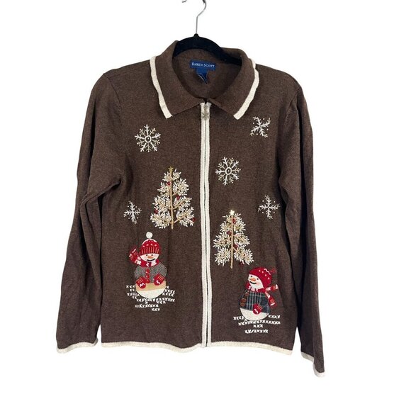 Vintage Christmas Sweater L Brown Holiday Embroidery Snowman Festive Retro Artsy - Picture 1 of 16